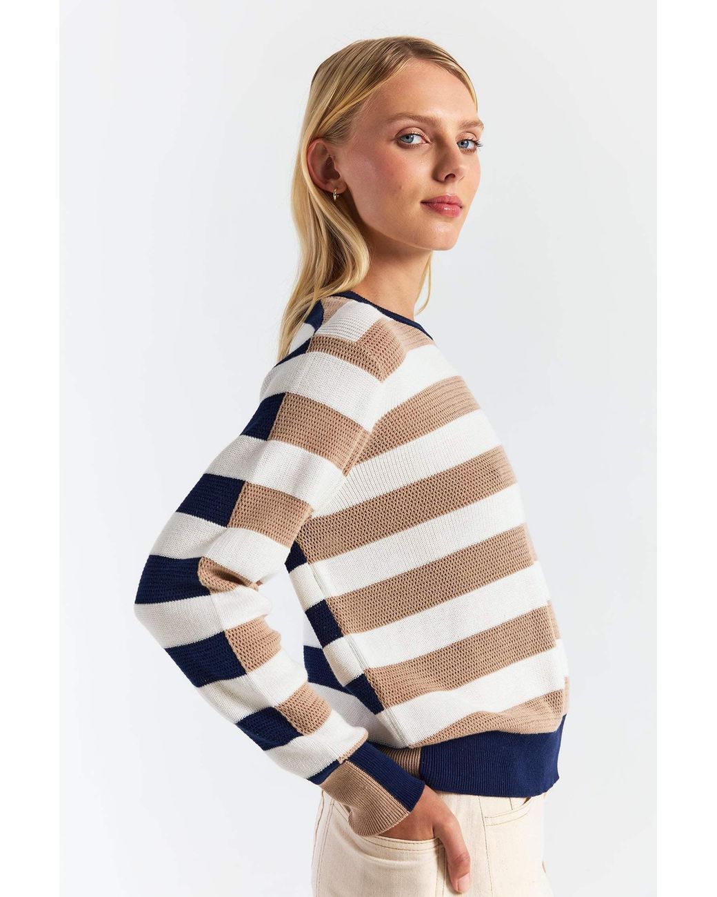 Brodie Cashmere White Mesh Stripe Crew