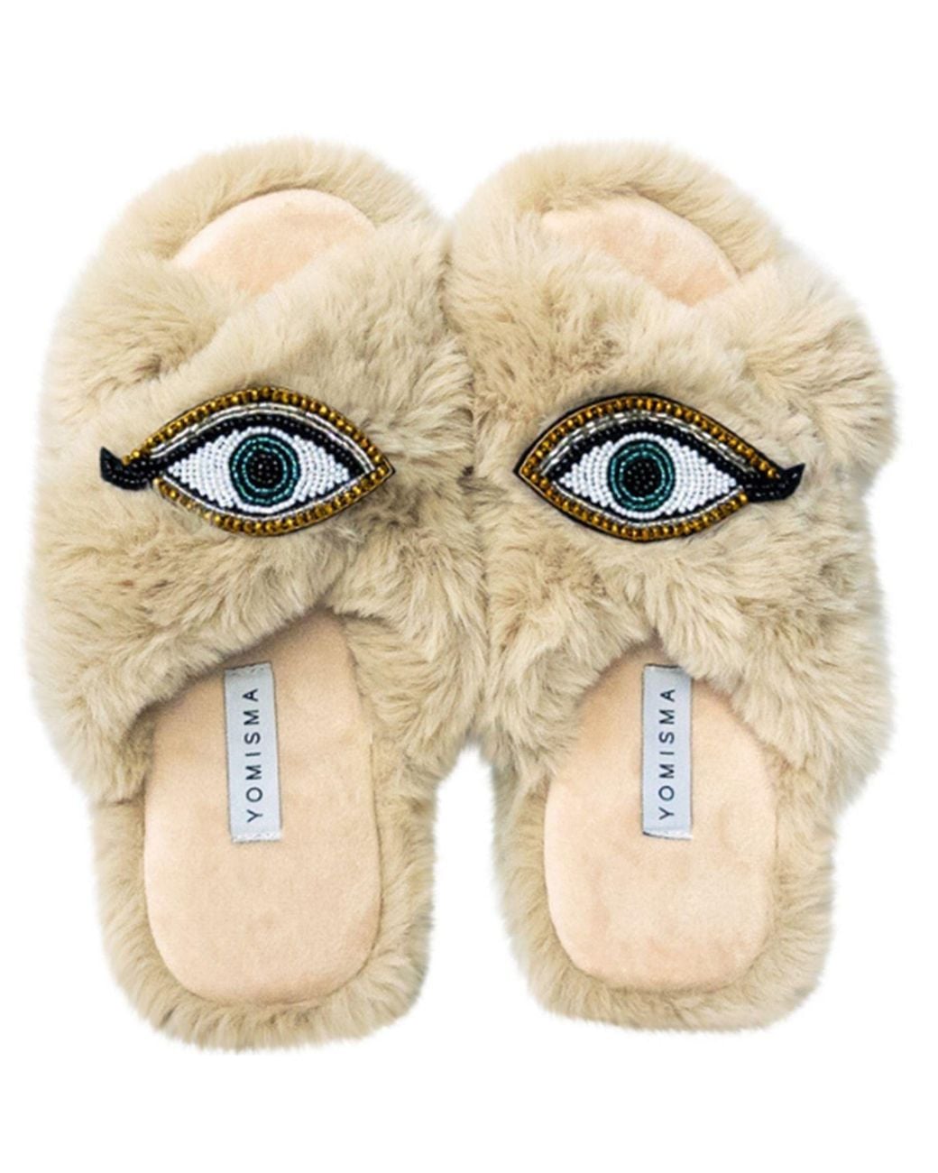 Yomisma Natural Neutrals Eco Faux Fur Slippers – Recycled Faux Fur + Evil Eye Embellishment