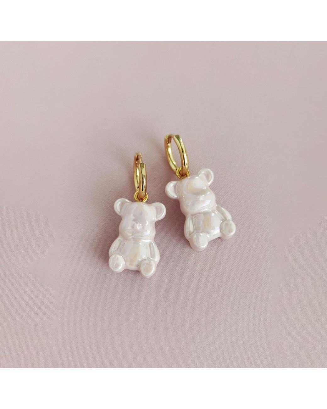 POPORCELAIN Pink Sweet Porcelain Teddy Bear Earrings, Tone