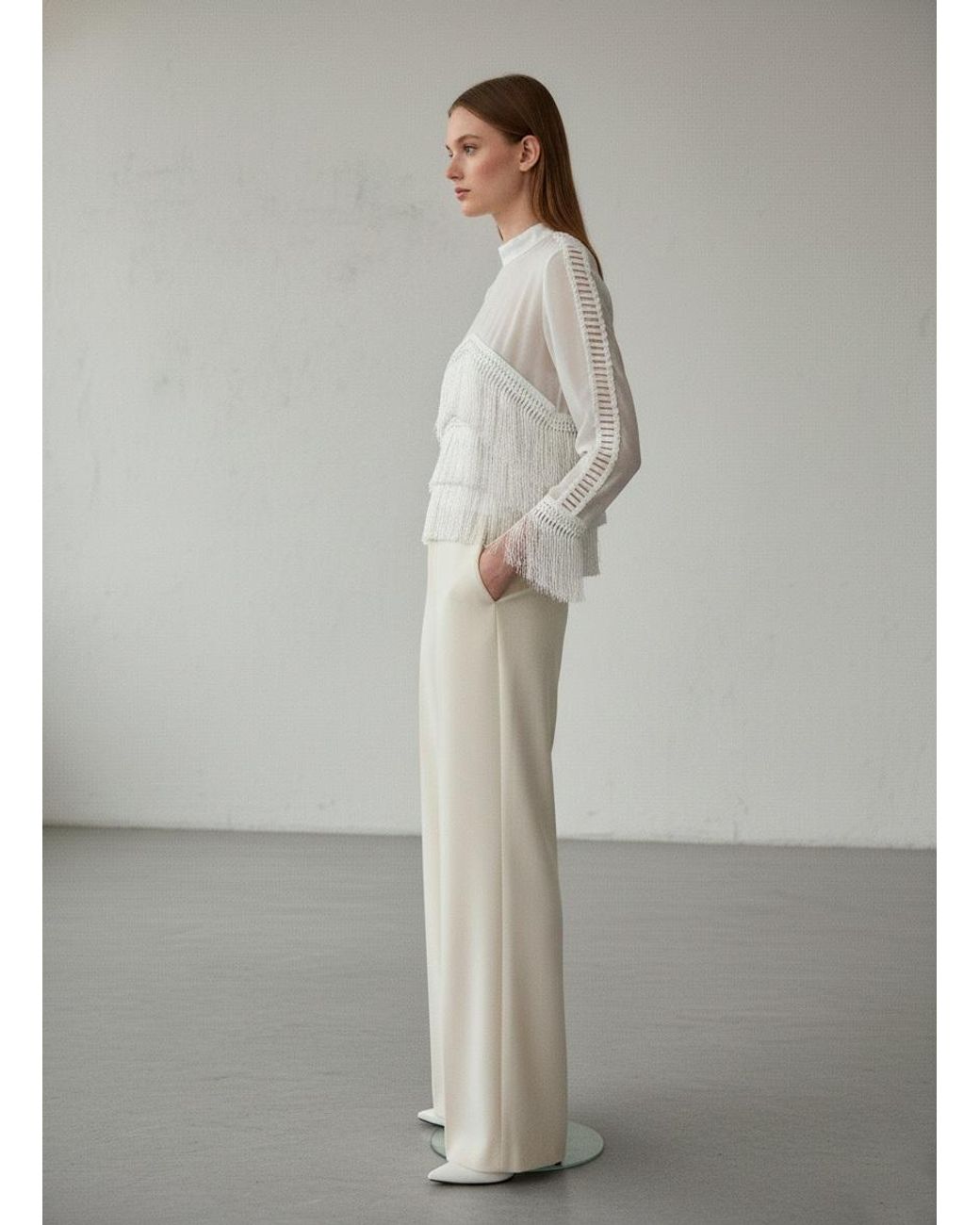 Conquista White Neutrals Cream Long-Sleeve Blouse With Fringe Detailing
