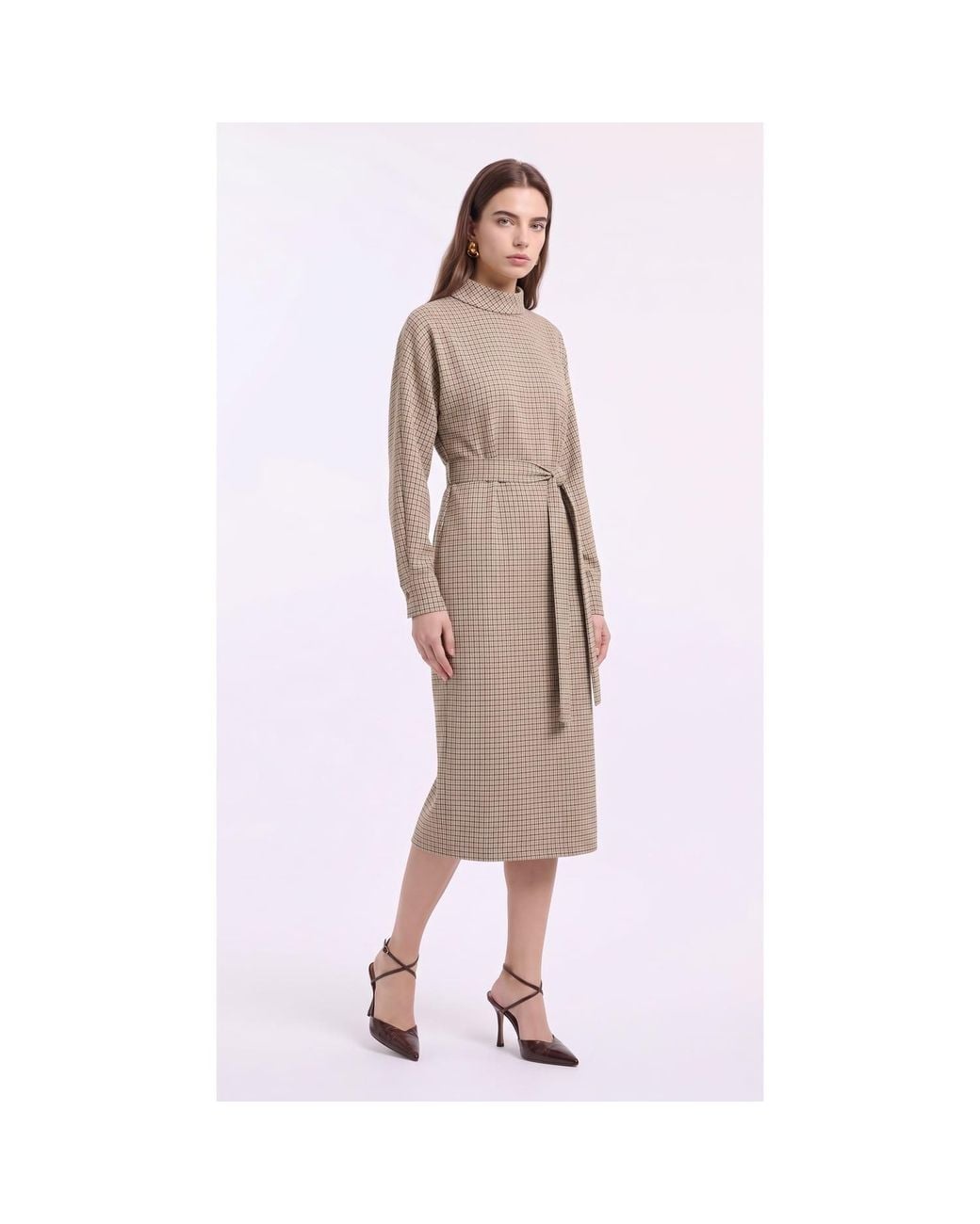 concept A trois Natural Neutrals Plaid Midi Dress With Waist Tie