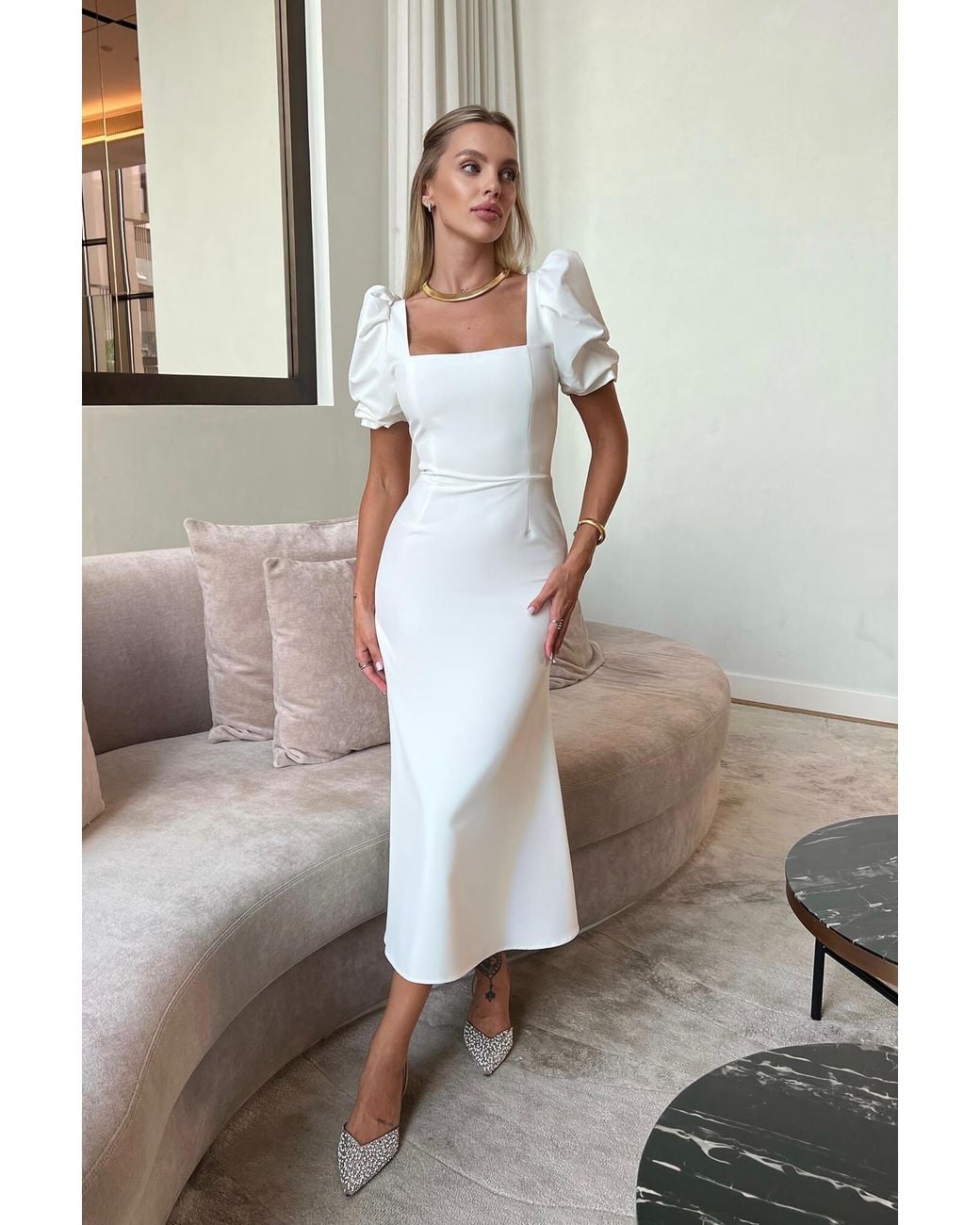 POST MERIDIEM White Godet Silhouette Square Neck Midi Dress