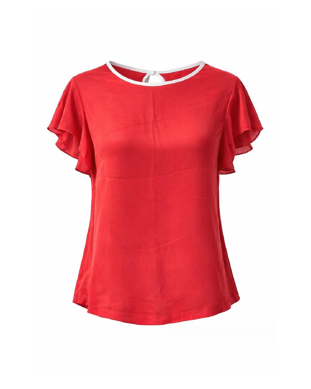 Conquista Red Flowing Short-Sleeve Top With Contrast Trim & Keyhole Back