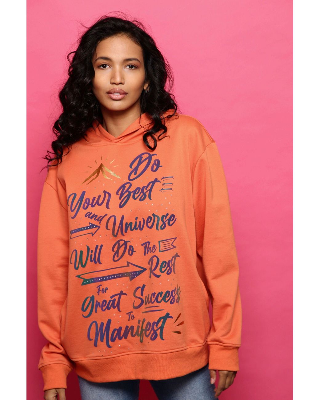 Miracles Manifester Orange Inspirational Affirmation Hoodie With Reflective & Rhinestone Design