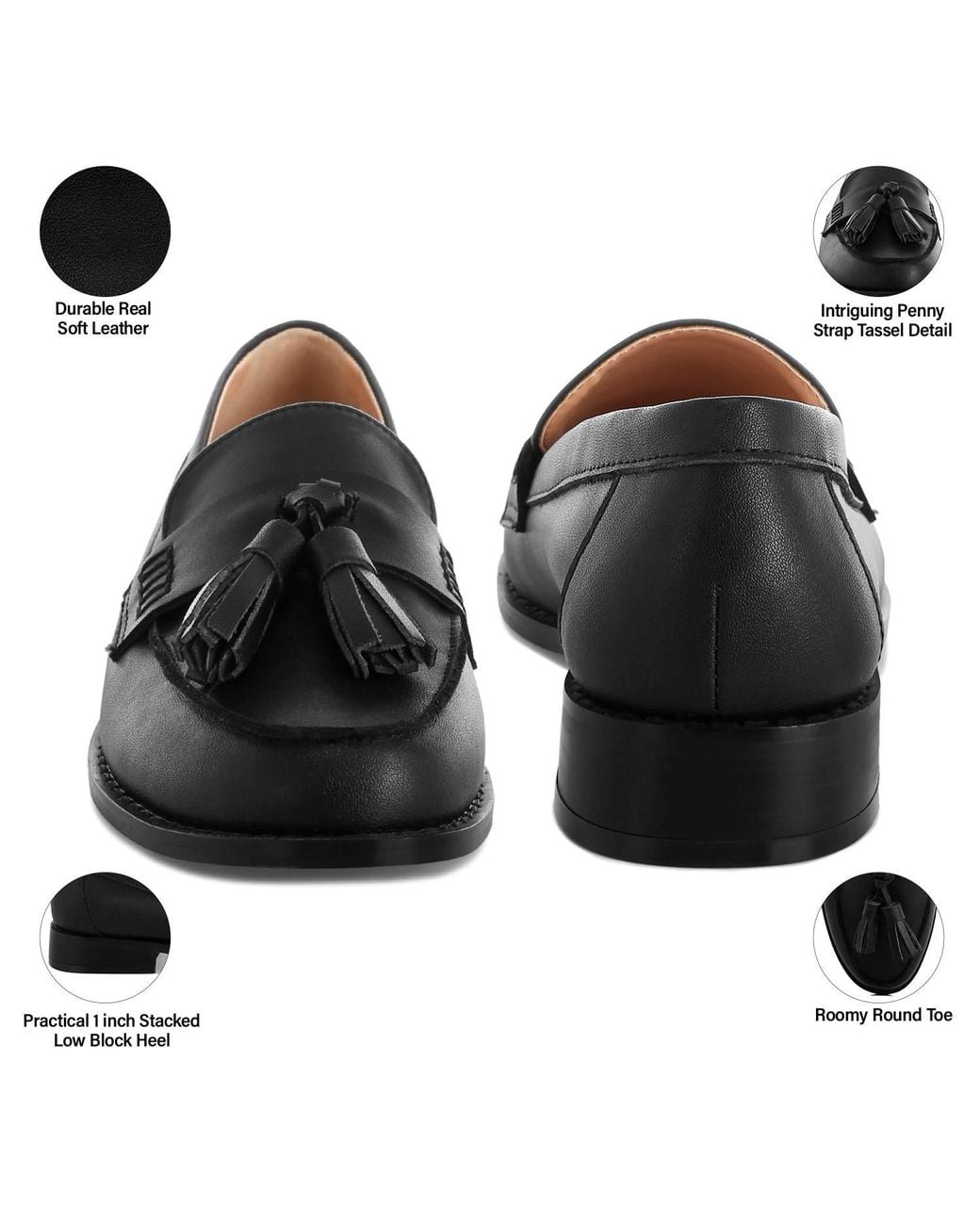 Rag & Co Black Yelena Real Leather Tassel Loafers