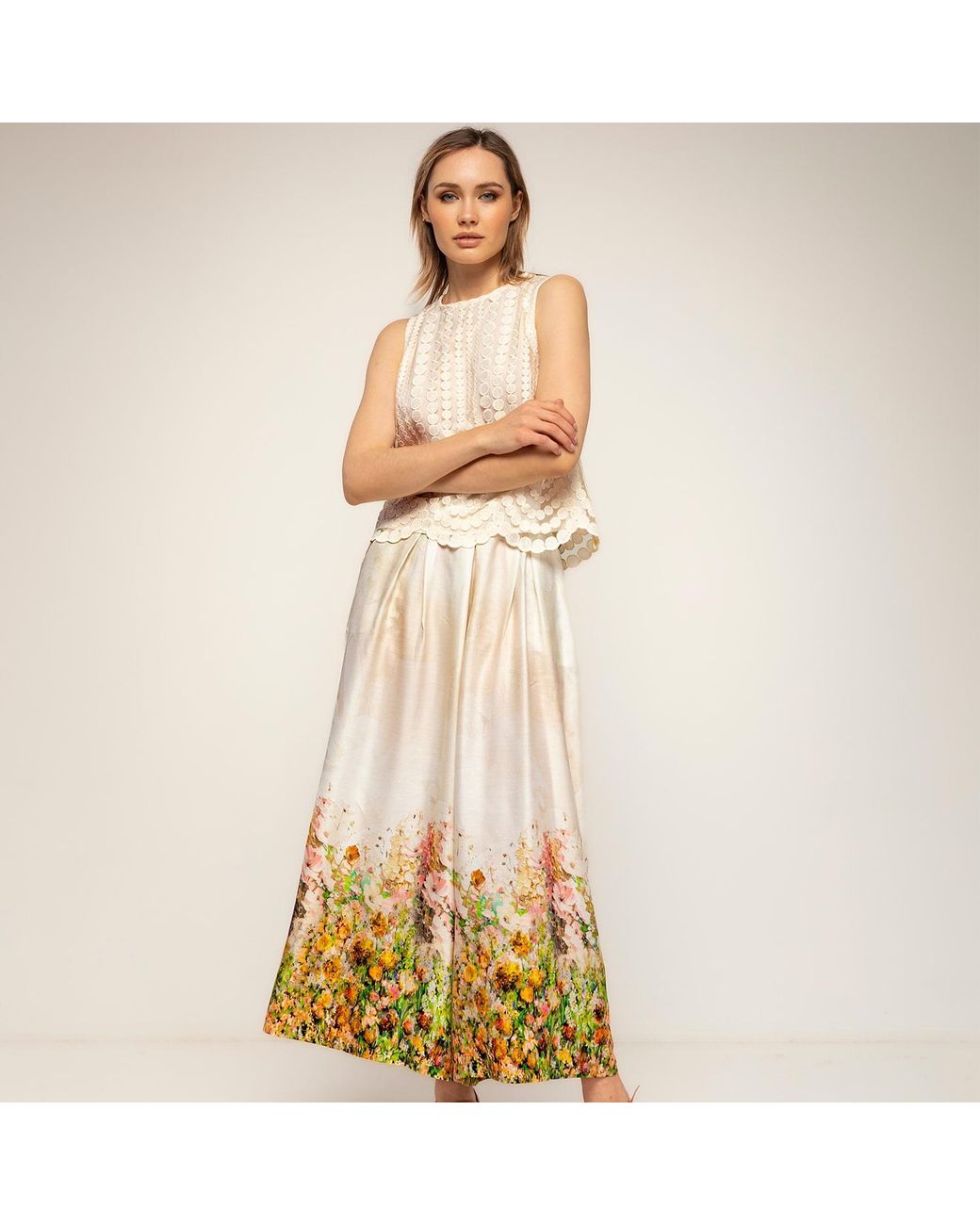 Tantra Spain Sl Natural Neutrals Floral Printed Pallazo Pants With Pockets