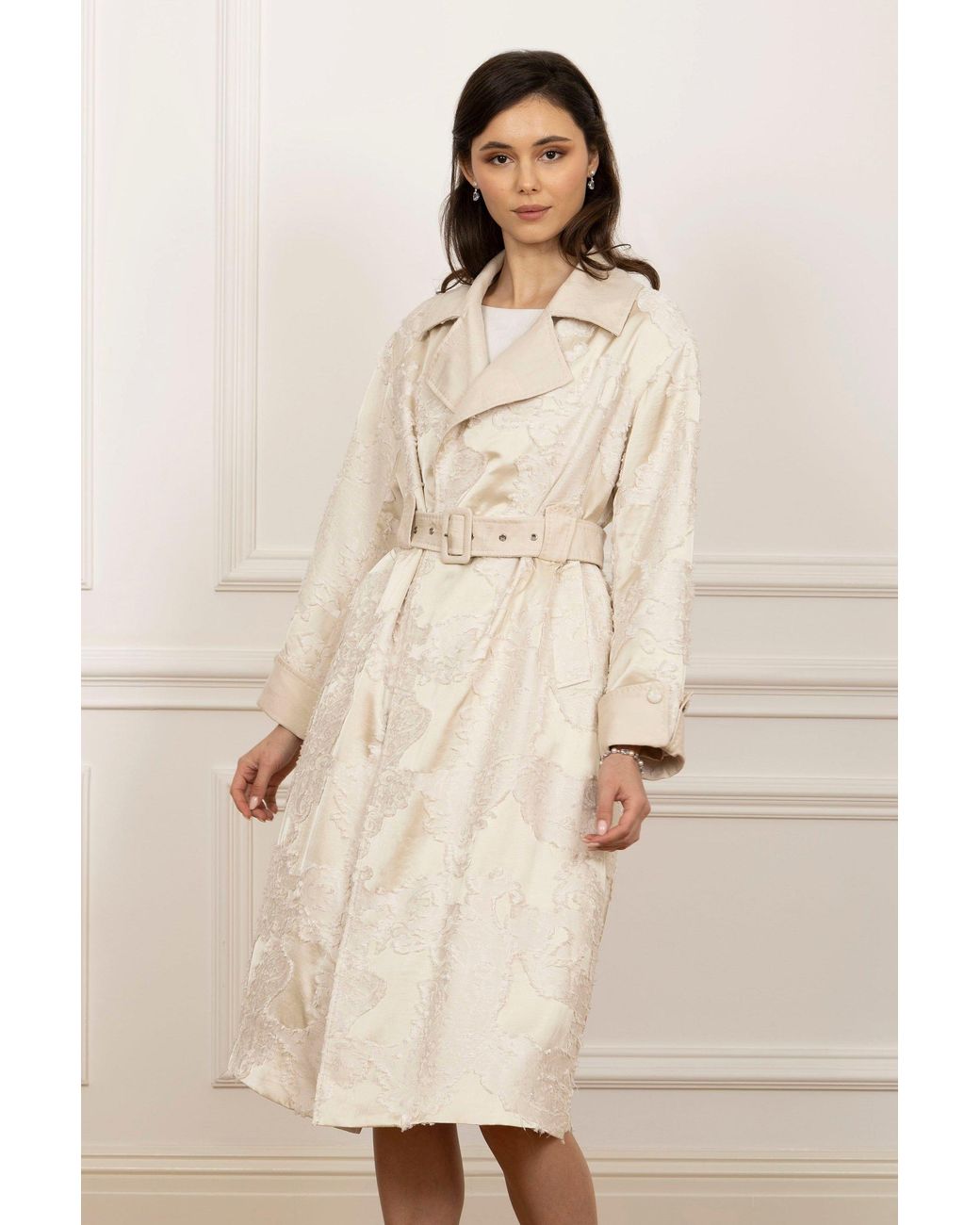 Santinni Natural Neutrals Charmed Satin Jacquard Trench Coat