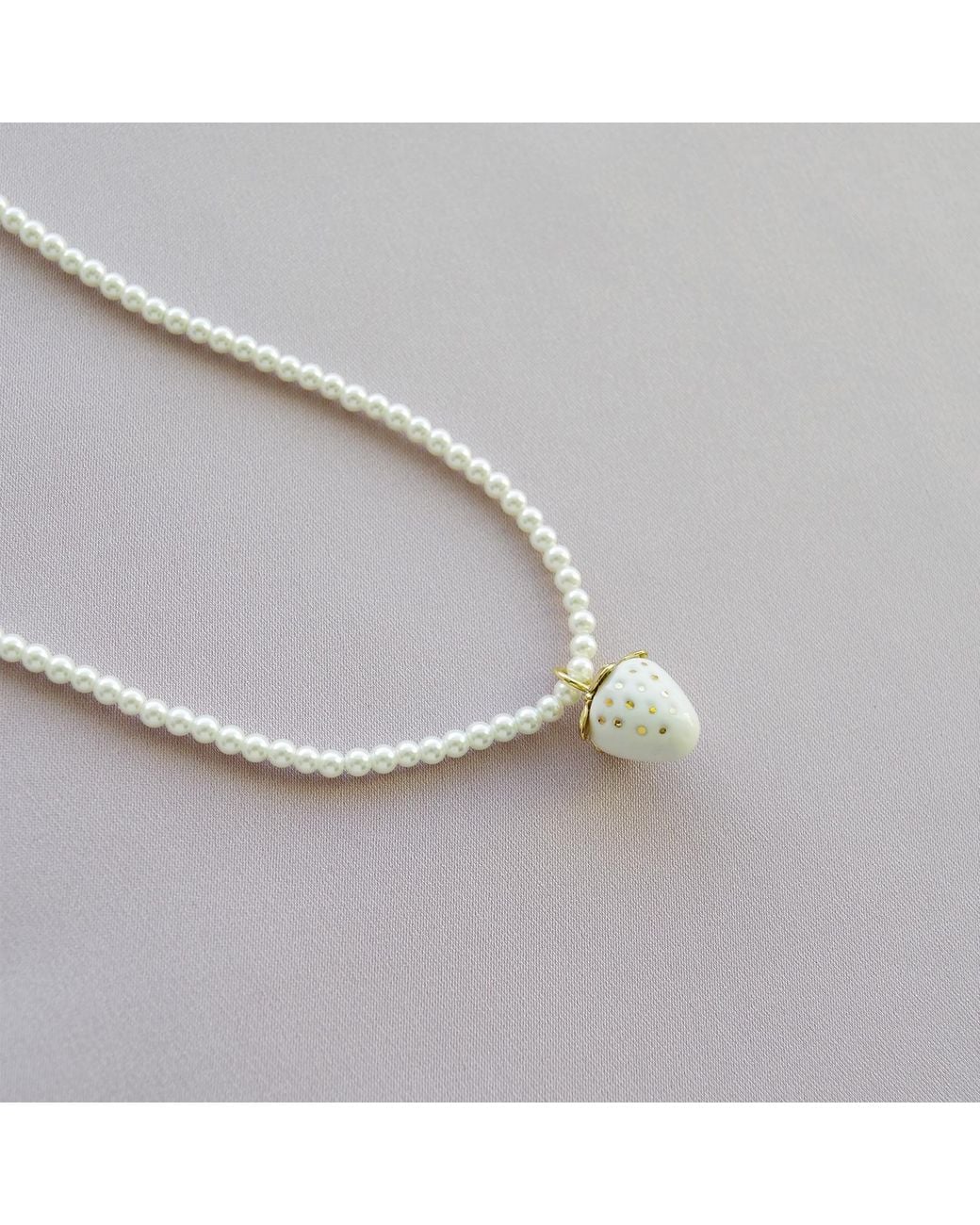 POPORCELAIN Metallic Mini Porcelain Strawberry Swarovski Pearl Necklace