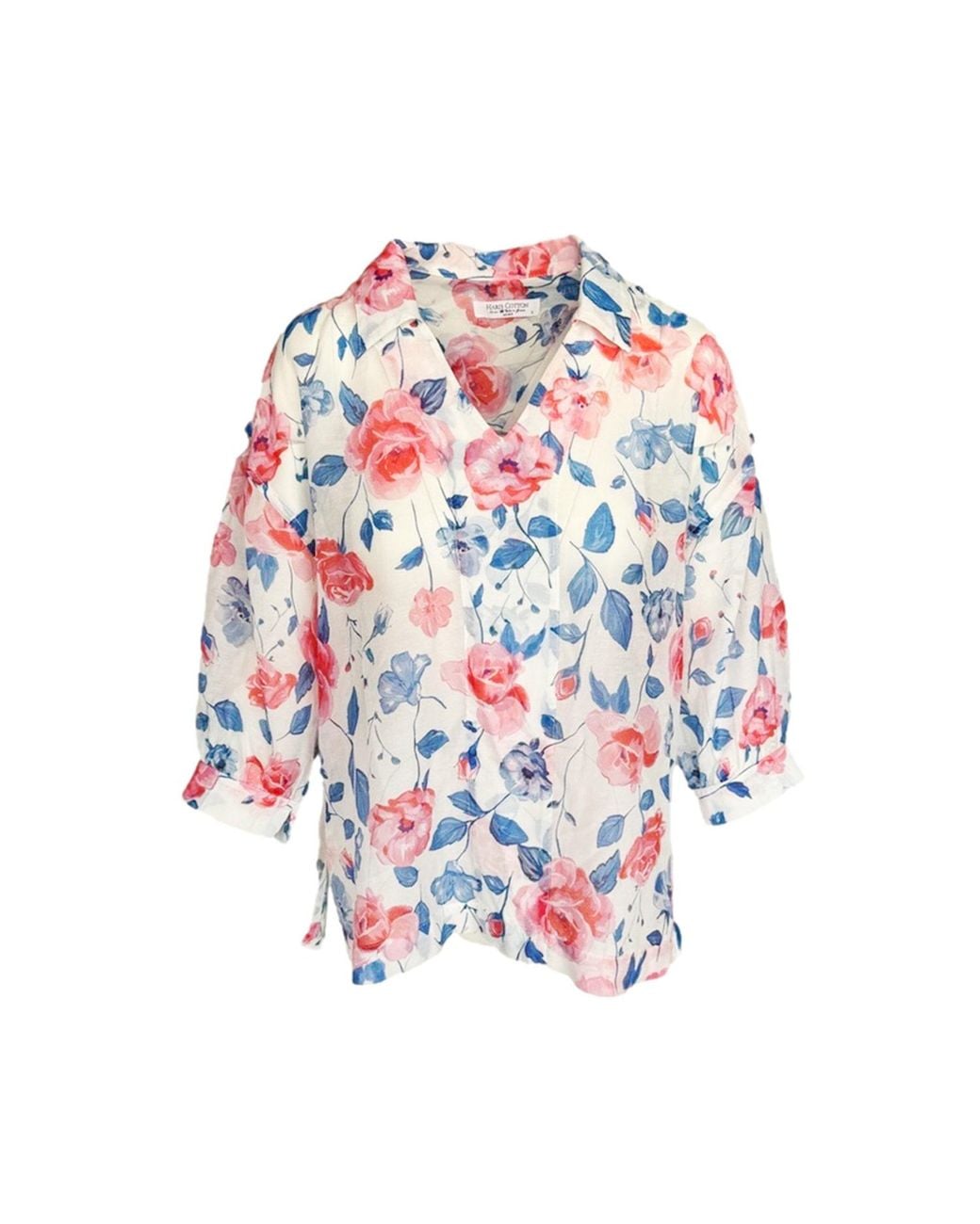 Haris Cotton Multicolor Ballon Sleeved Printed Silk Blend Blouse Wild Rose
