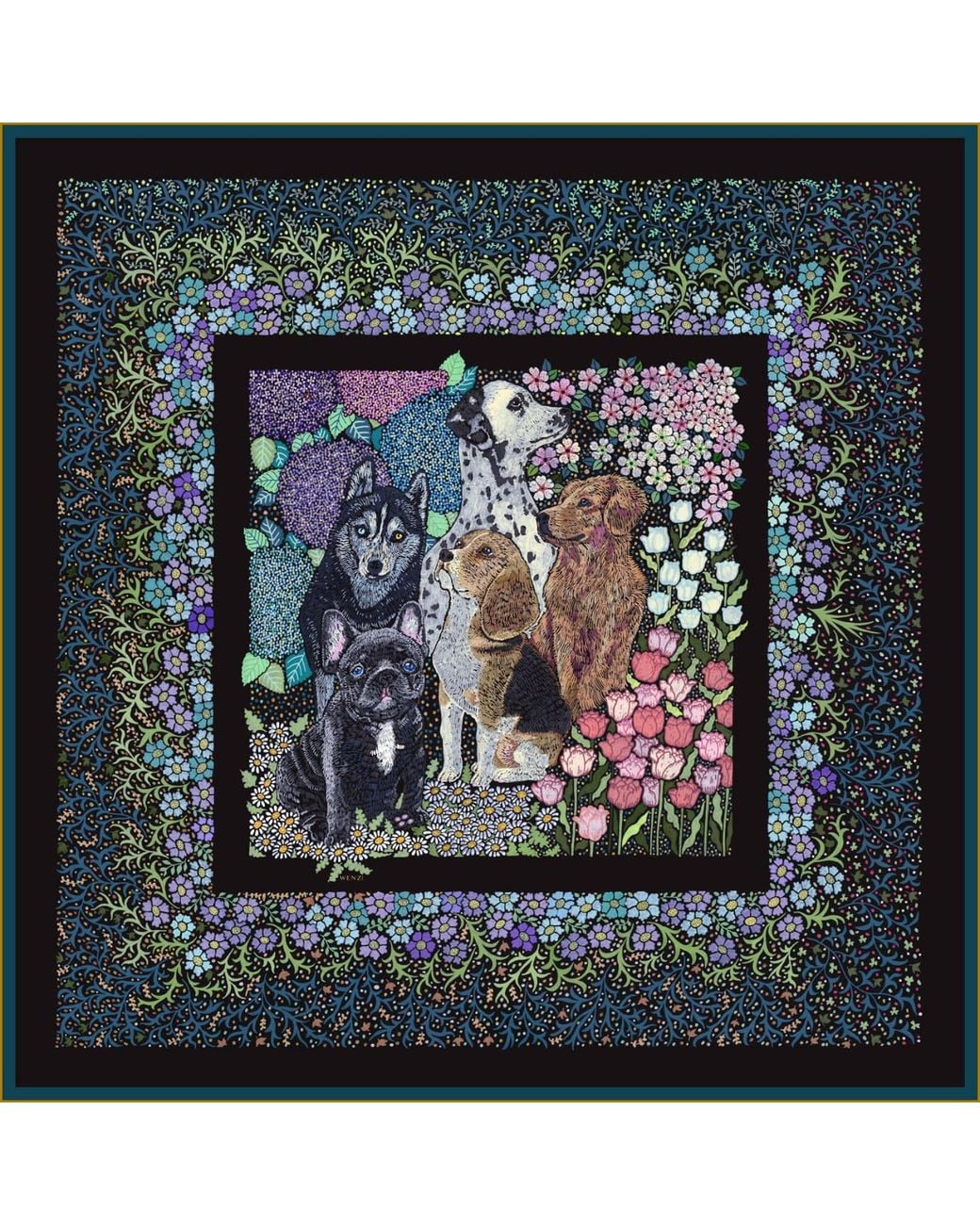 Wenzi Multicolor Whiskered Court The Canine Chapter Hand Painted Pattern Silk Twill Scarf