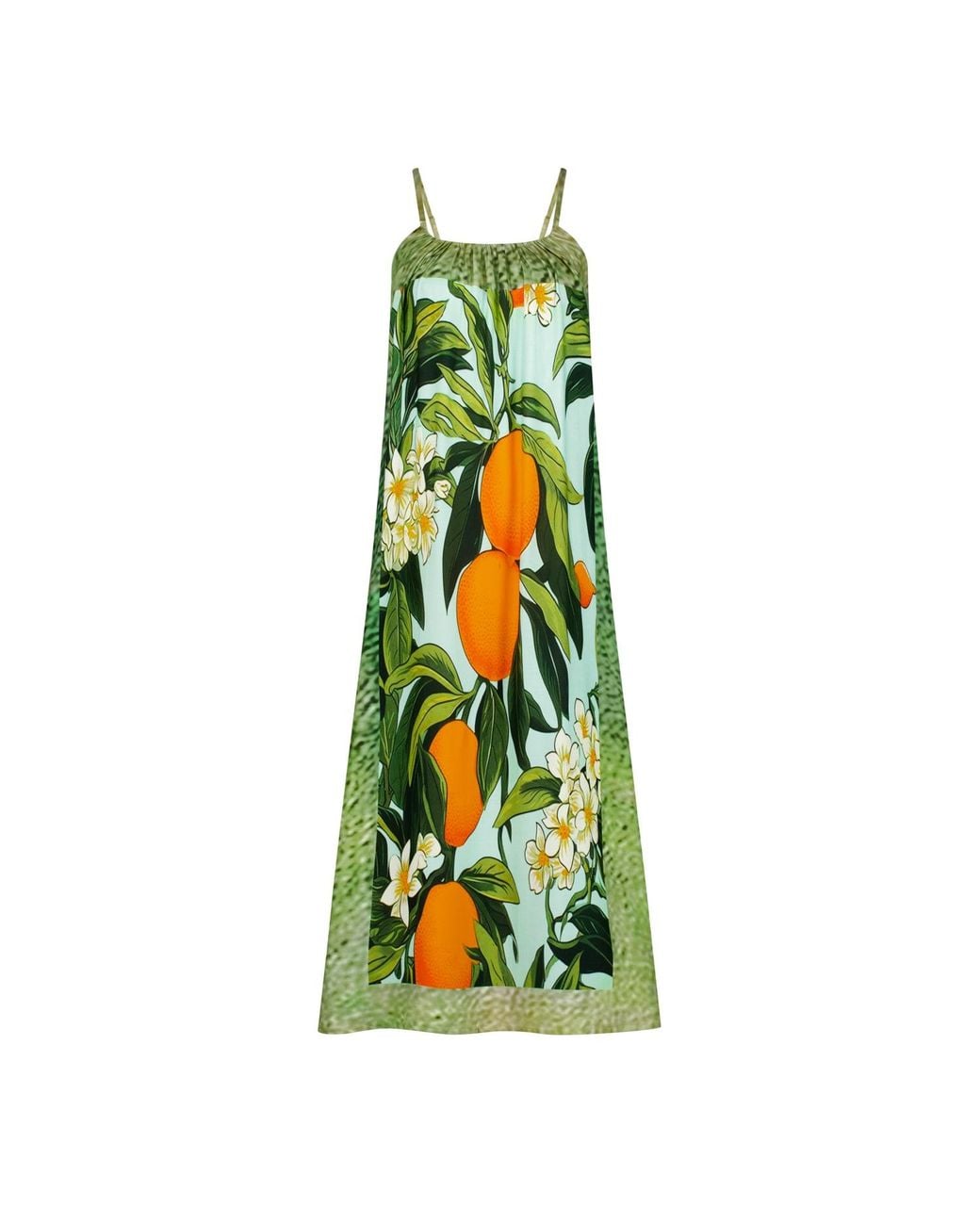 DHARA SHETH DUBAI Green Fleur & Fruit Vintage Spaghetti Strap Maxi Dress