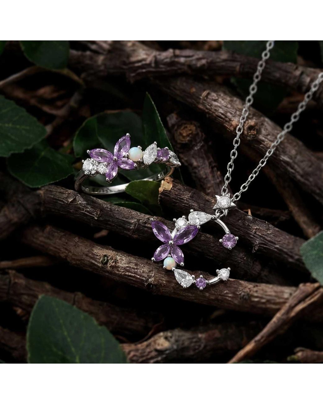 Azura Jewelry New York Metallic Monarch Butterfly Amethyst Opal Necklace Vermeil