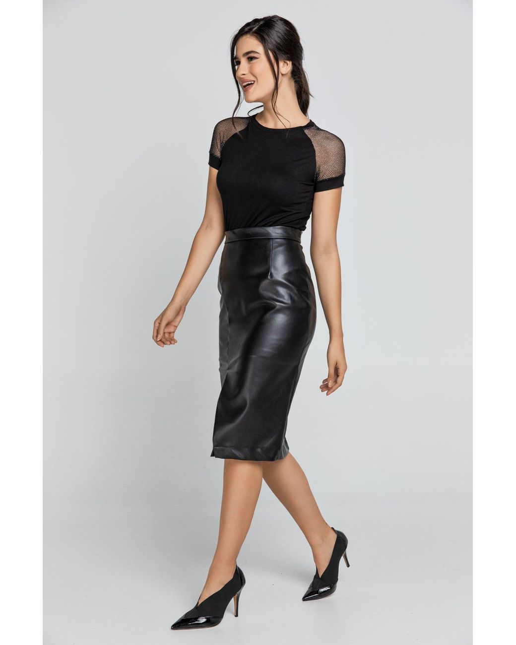 Conquista Black Faux Leather Pencil Skirt By Fashion