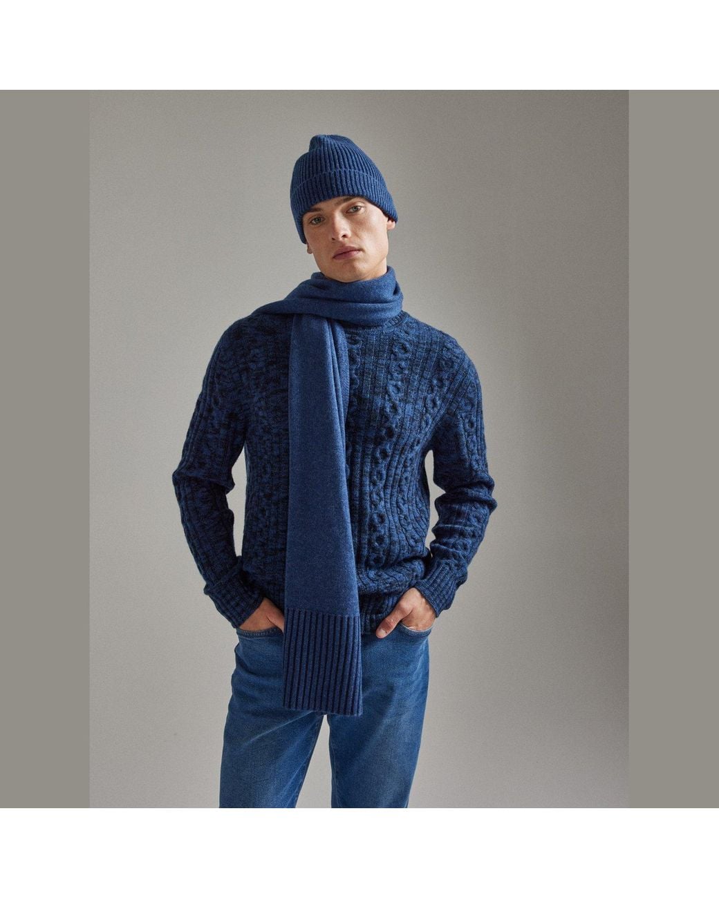 Salts Cashmere Blue Scarf With Rib Trim