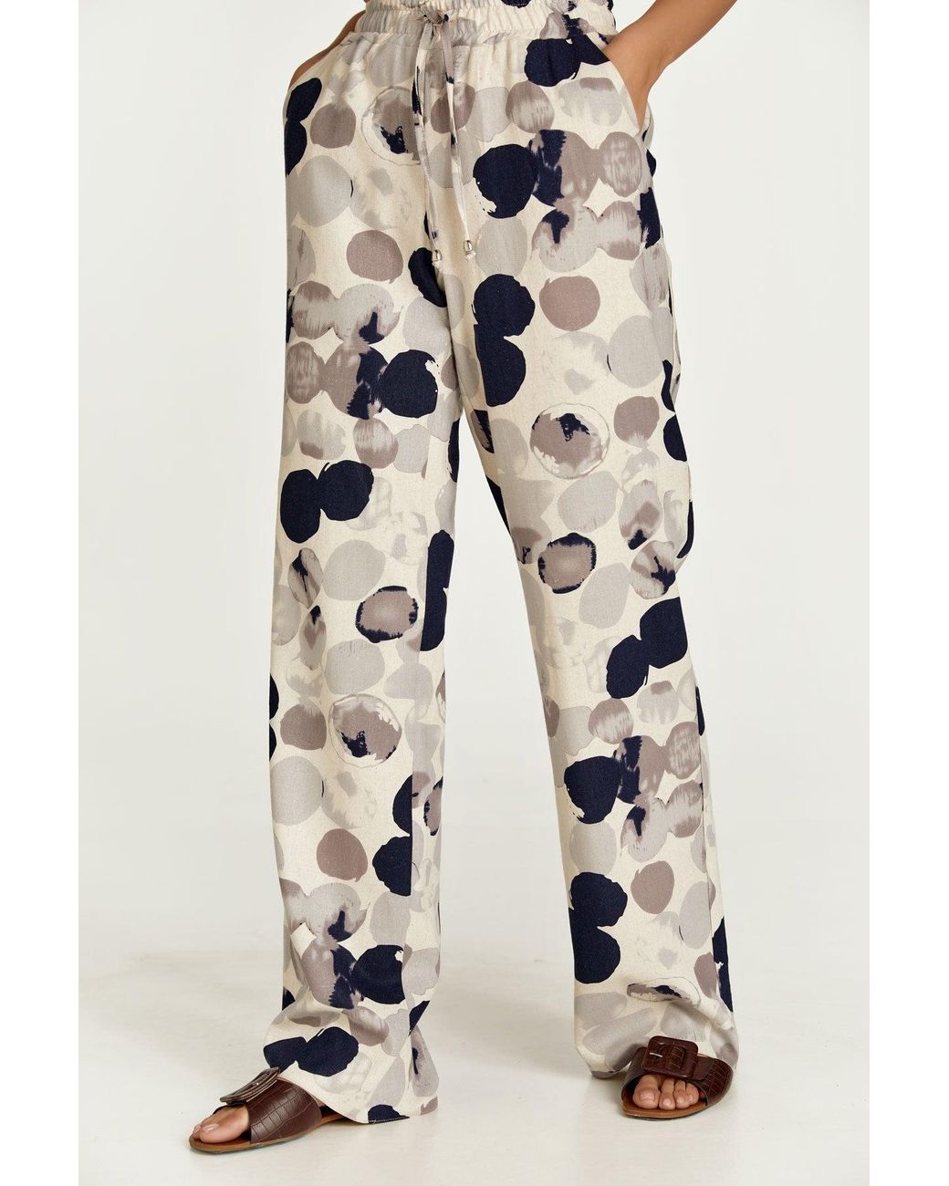 Conquista White Print Linen Style Wide Leg Pants