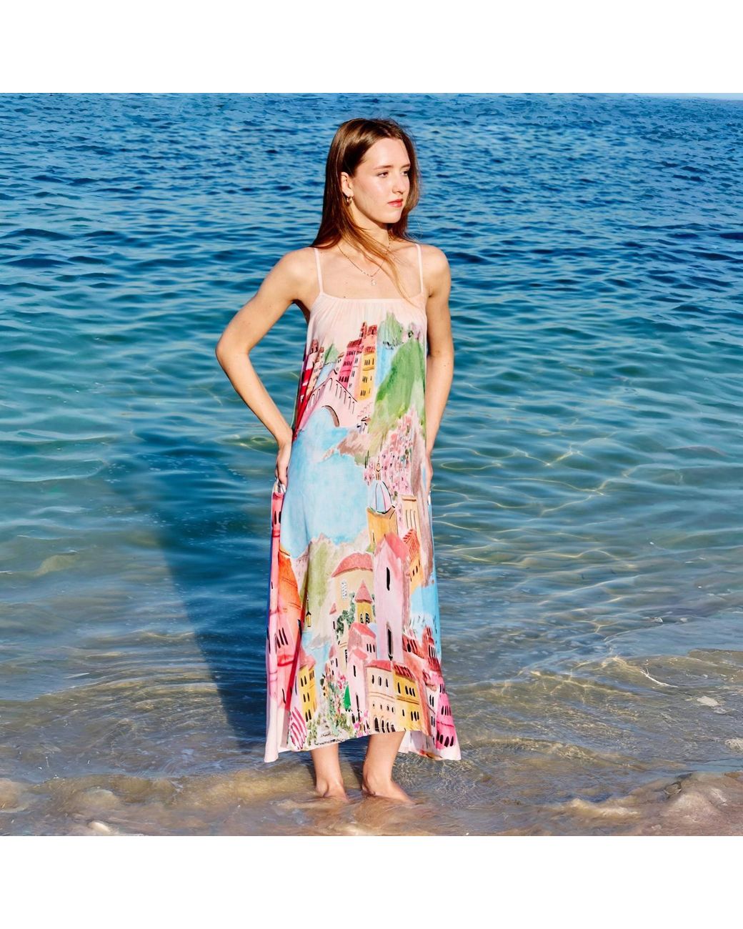 DHARA SHETH DUBAI White La Riviera Printed Spaghetti Strap Maxi Dress