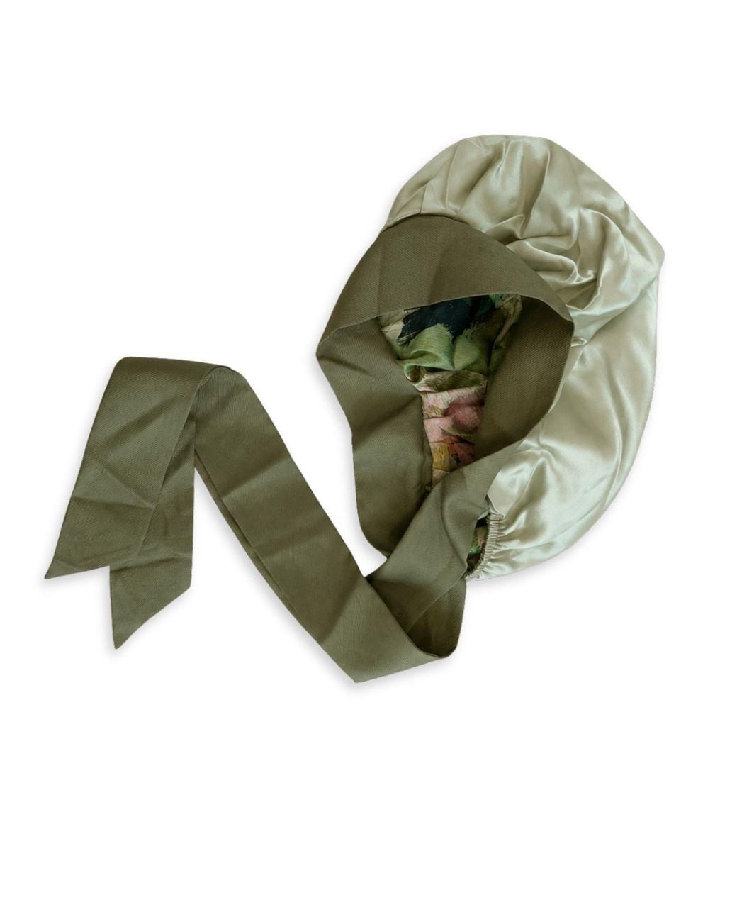 Hi Silk Green Patterned Adjustable And Reversible Mulberry Silk Bonnet With Silk Twill Tie