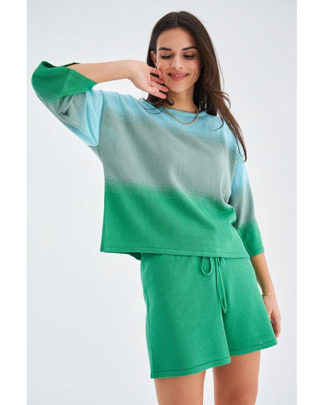 Peraluna Green Siri Knitted Blouse & Shorts Matching Set