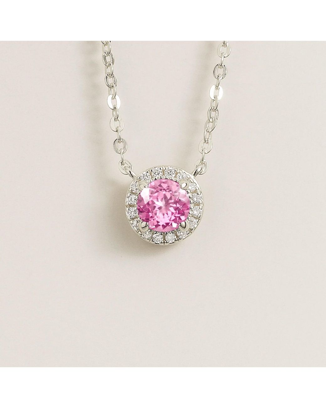 Juvetti Pink Mars Pastel Sapphire Round & Diamond Halo Necklace