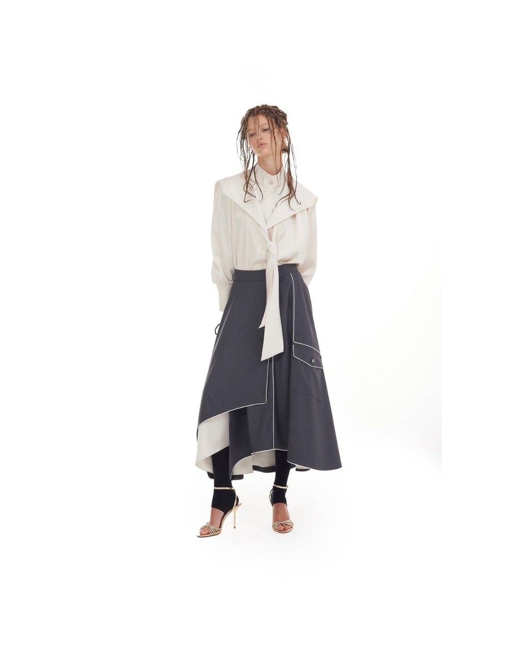 Julia Allert Blue Tailored Asymmetrical Midi Skirt – Dark