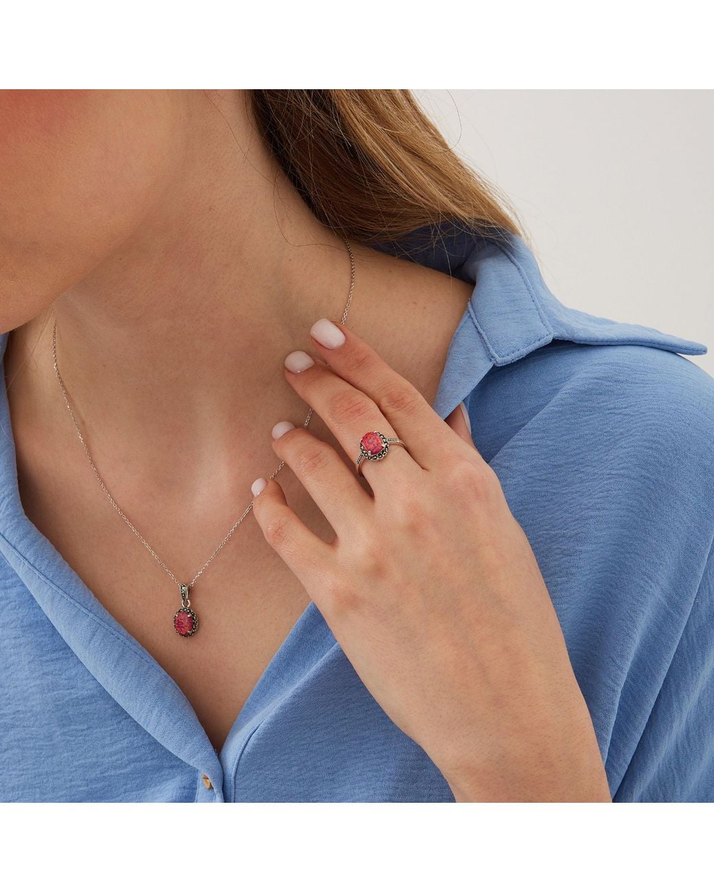 Spero London Pink Circle Opal High Quality Sterling Necklace Earring Ring Set