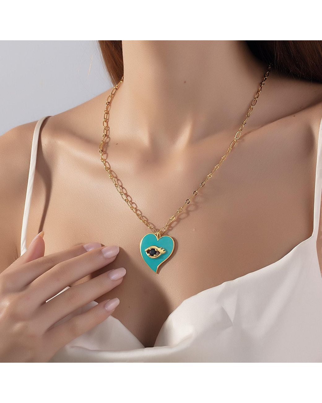 Milou Jewelry Green Heart Pendant Necklace With Evil Eye