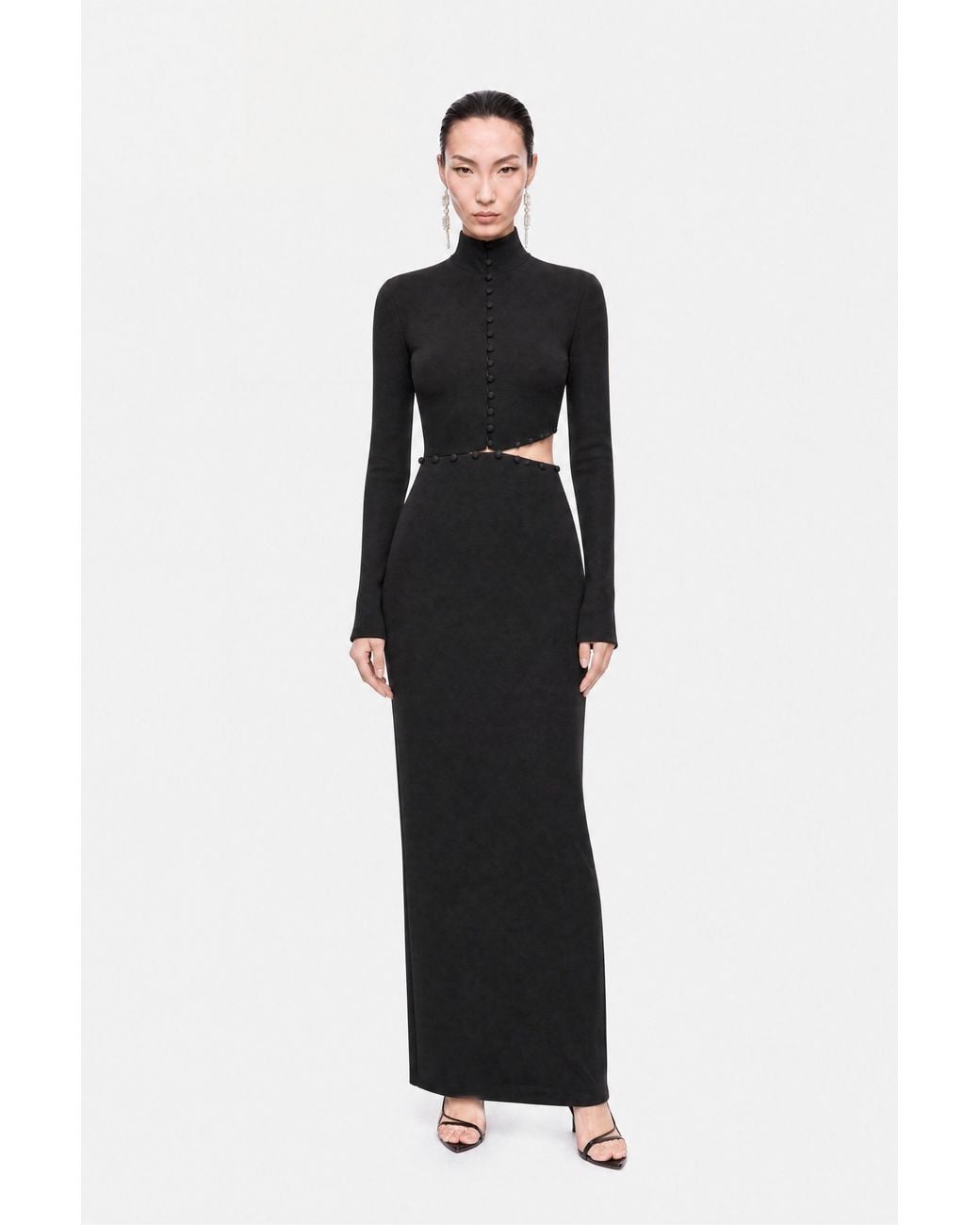 Nocturne Black Button Detail Stand Collar Maxi Dress