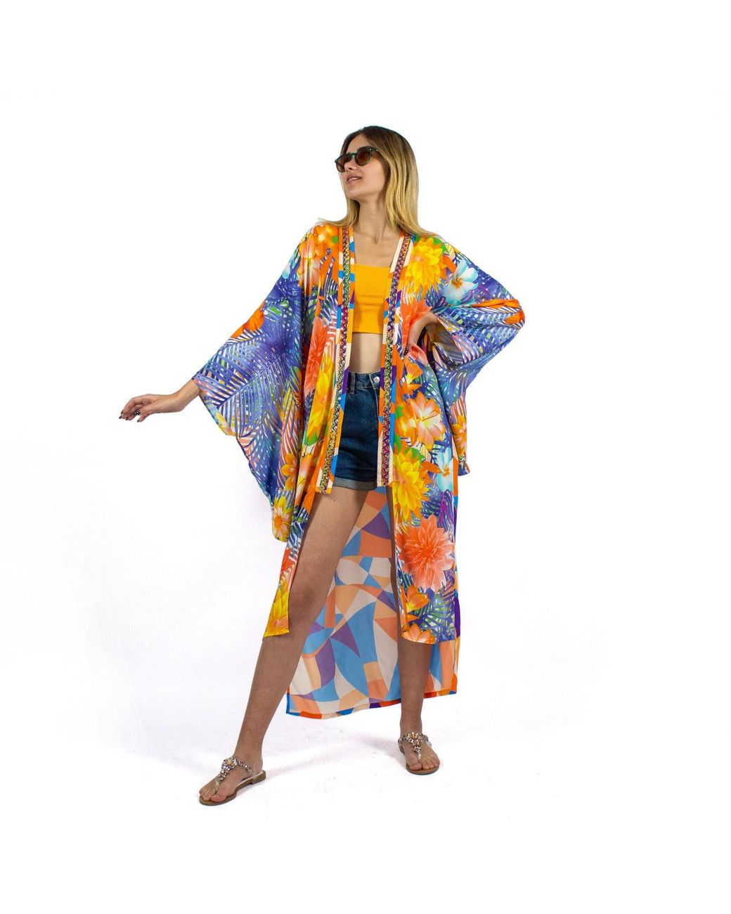 Lalipop Design Orange Viscose Kimono With Embroidery & Fringe Details