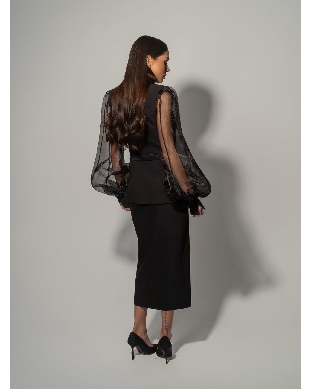Tia Dorraine Black Femme Fatale Tailored Blazer With Organza Sleeves & Skirt Set