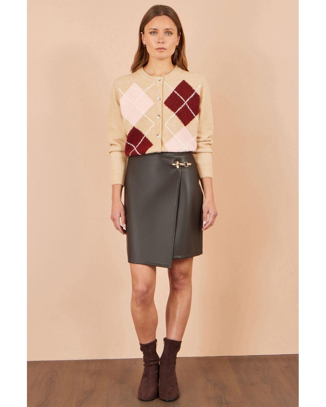 Yumi' Gray Faux Leather Wrap Mini Skirt