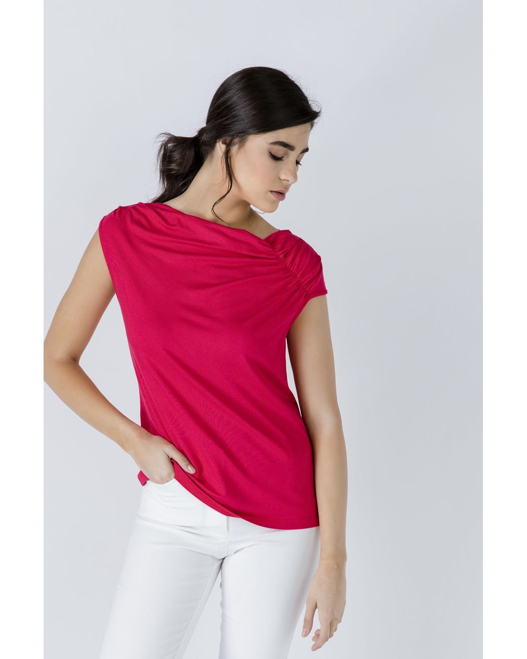 Conquista Red Draped Shoulder Top
