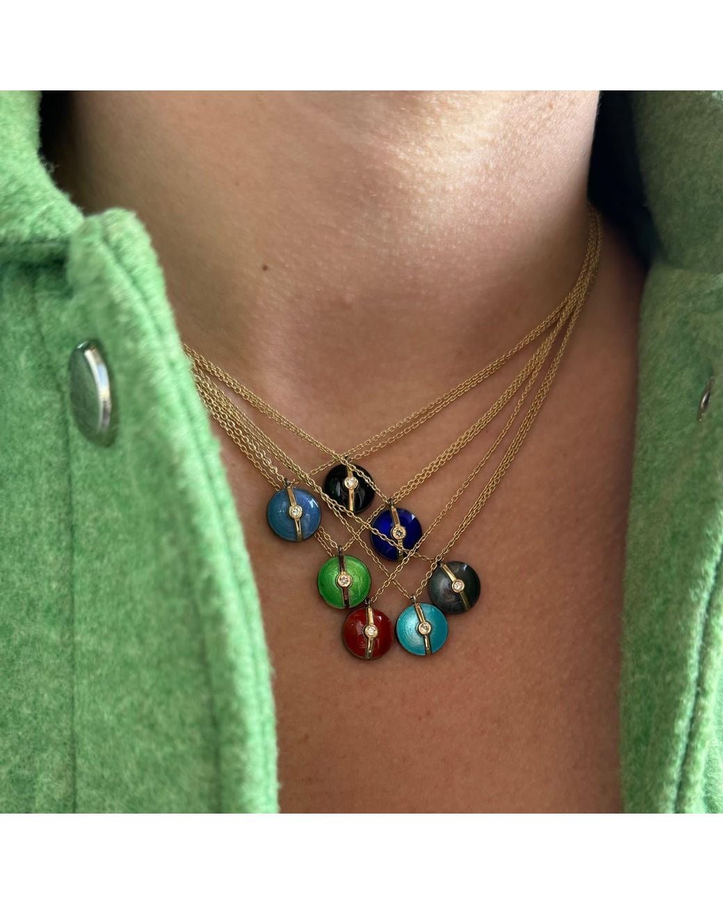 Ecce | Artisan Diamonds Blue Enamelled Mini Diamond Buttons 14K Necklace