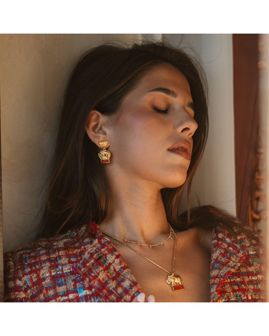 Ebru Jewelry Metallic Lucky Elephant Coral Mosaic Drop Earrings