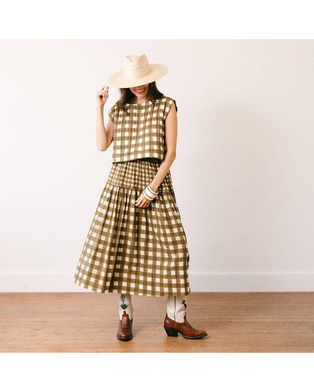 SUNSHINE TIENDA Natural Painted Gingham Colette Skirt
