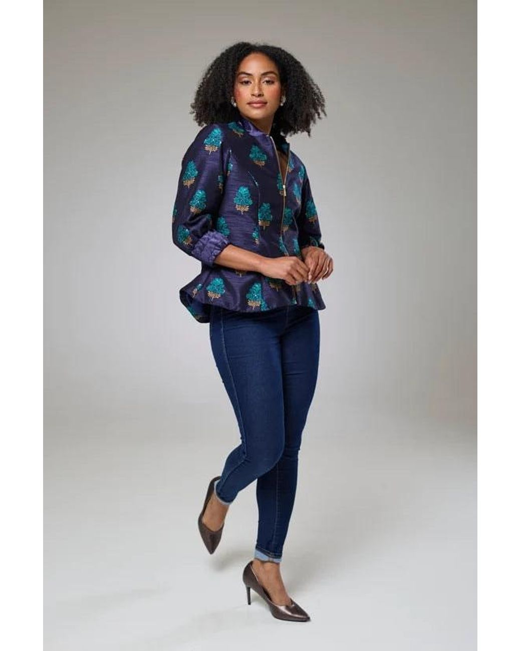 Lioness by Tf Blue Aquamarine Embroidered Raw Silk Fitted Jacket Blouse