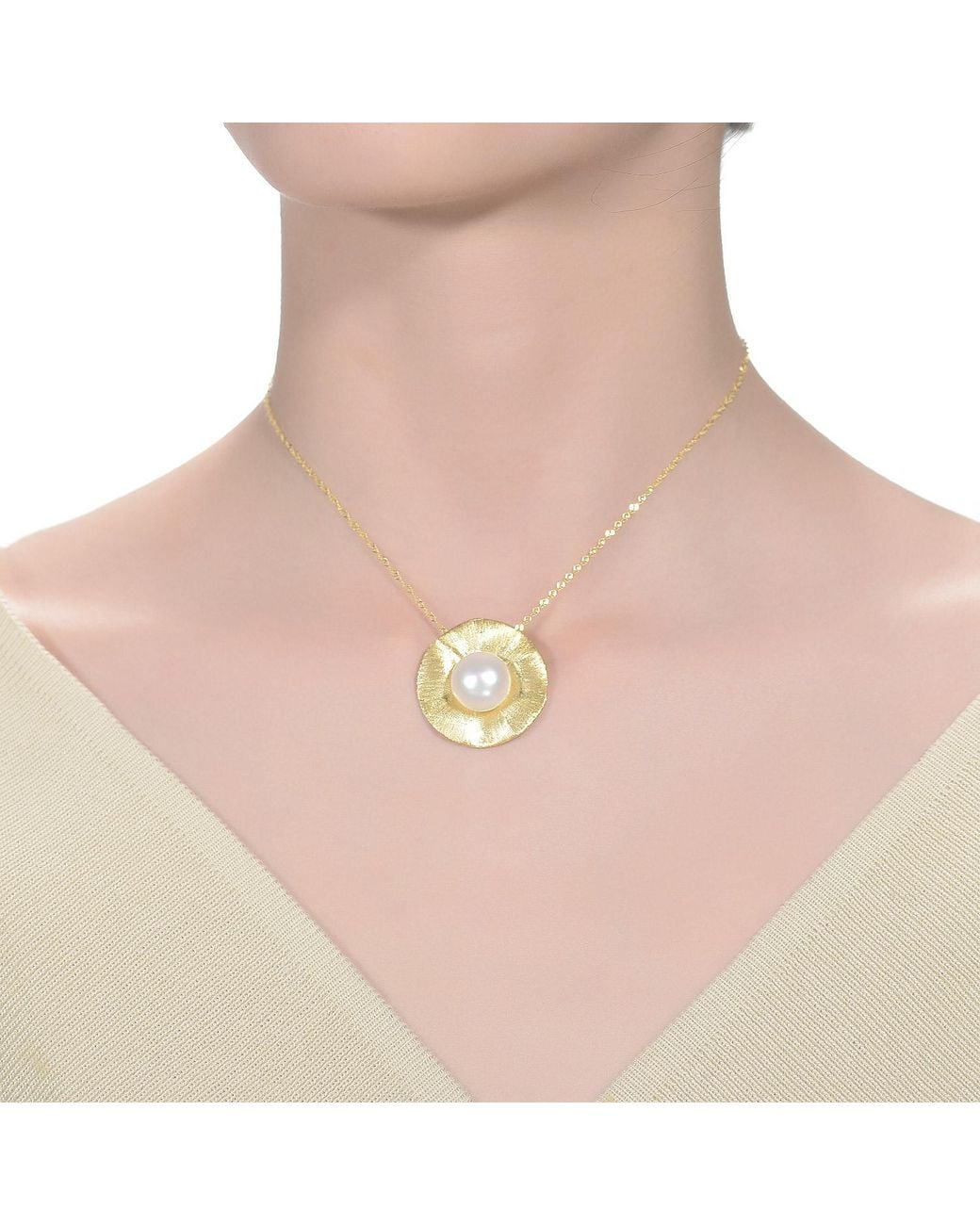 Genevive Jewelry Metallic Sterling Plated Genuine Freshwater Pearl Curvy Pendant Necklace