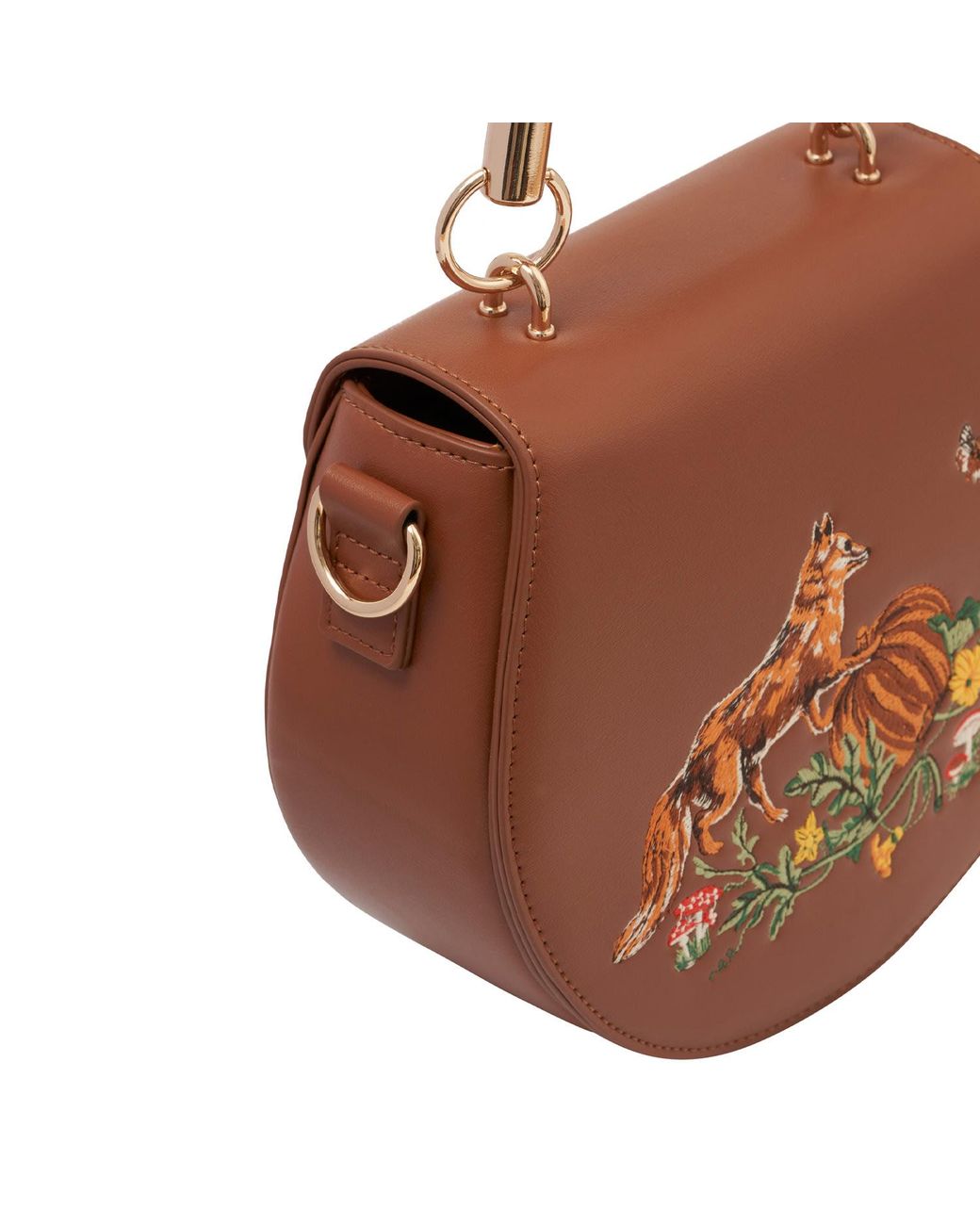 Fable England Brown Embroidered Vegan Leather Saddle Crossbody Bag
