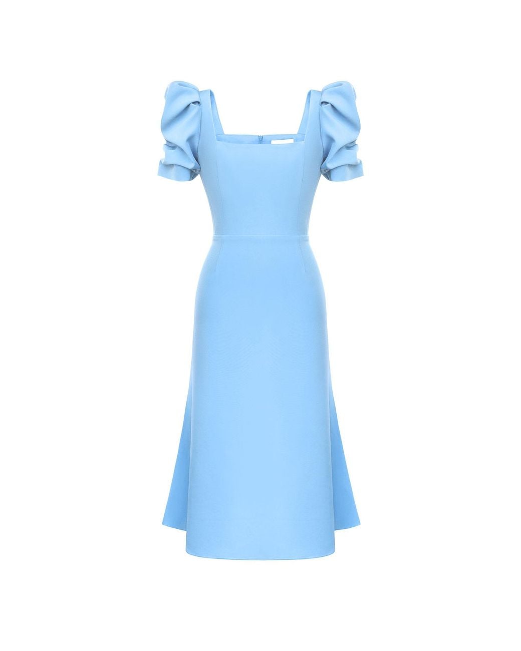 POST MERIDIEM Blue Light Godet Silhouette Square Neck Midi Dress