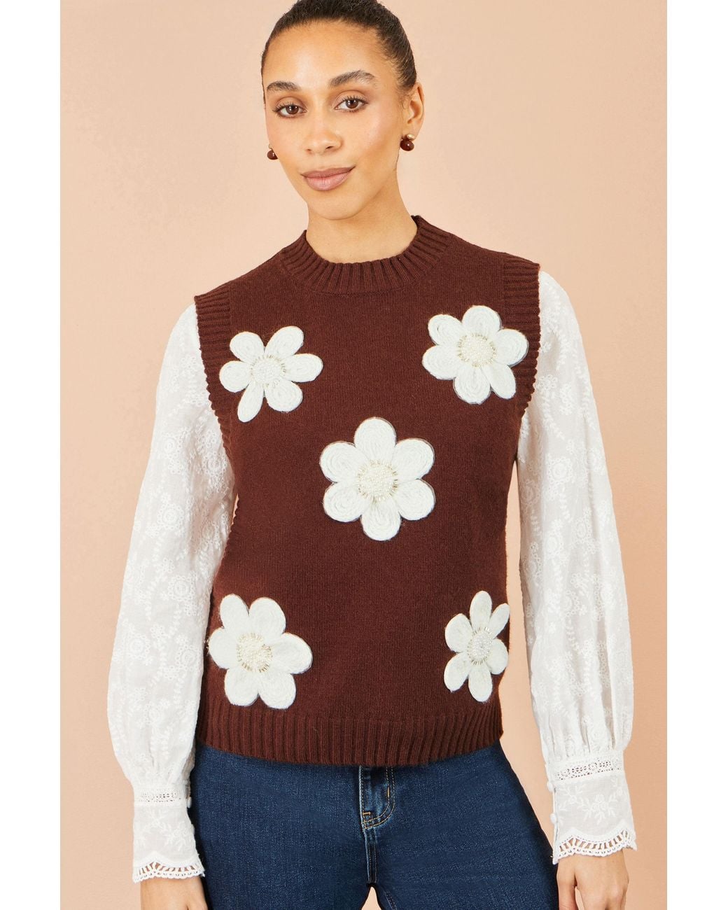 Yumi' Brown Flower Applique Knit Tank