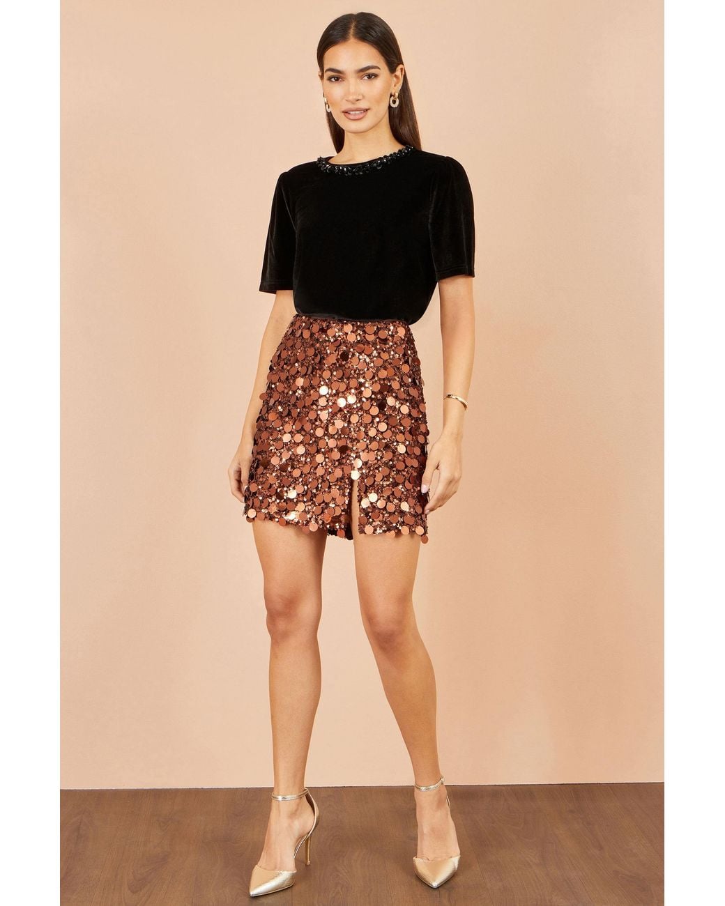 Yumi' Brown Copper Big Sequin Mini Skirt