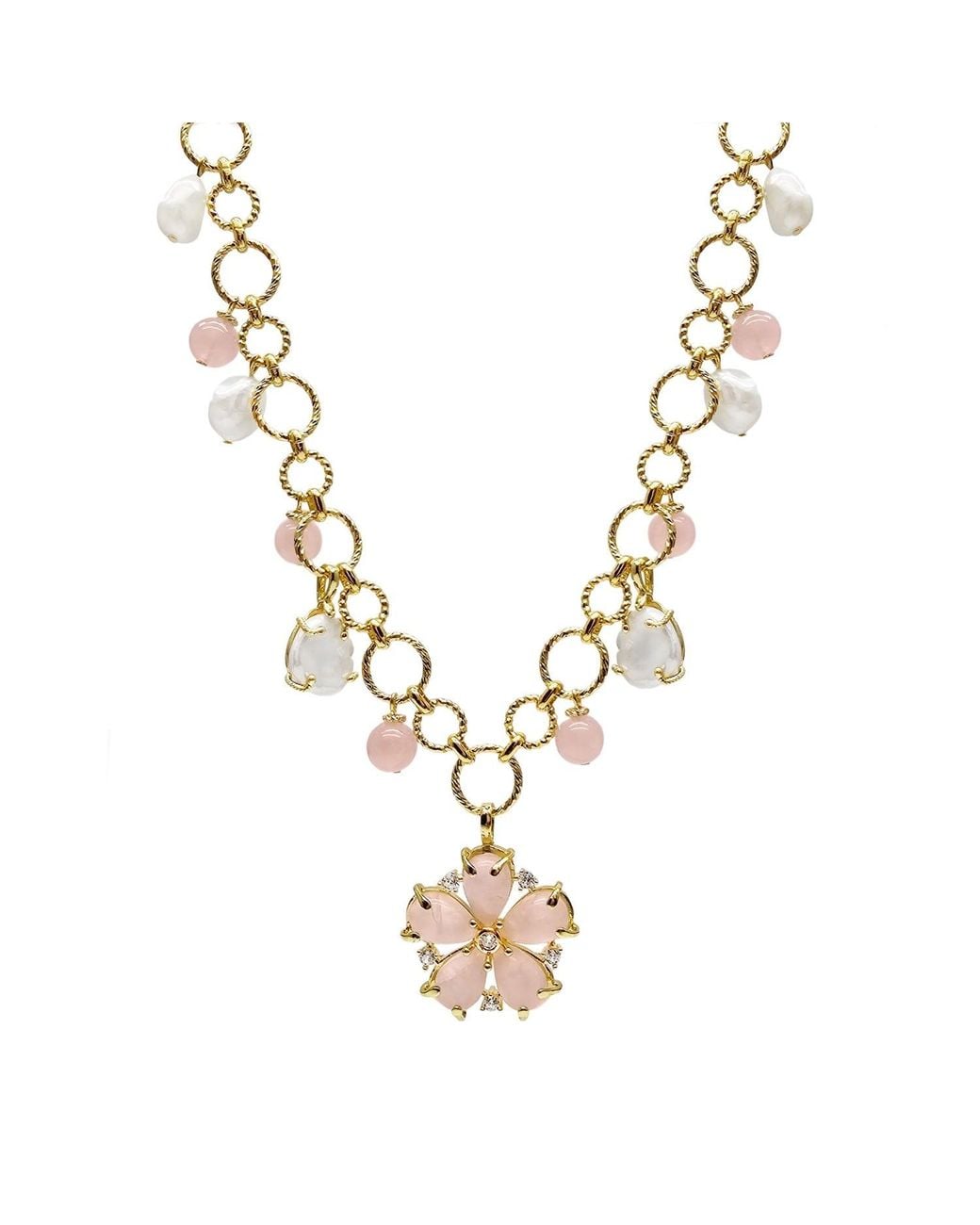 Farra Metallic Rose Quartz Flower Pendant With Pearls Chain Necklace