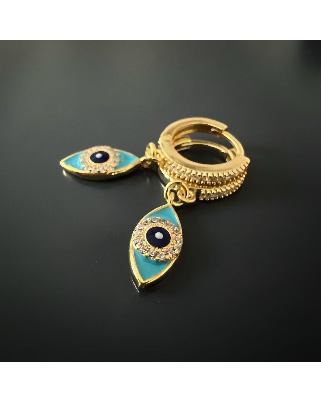 Ebru Jewelry Blue Turquoise Sparkly Gold Evil Eye Earrings