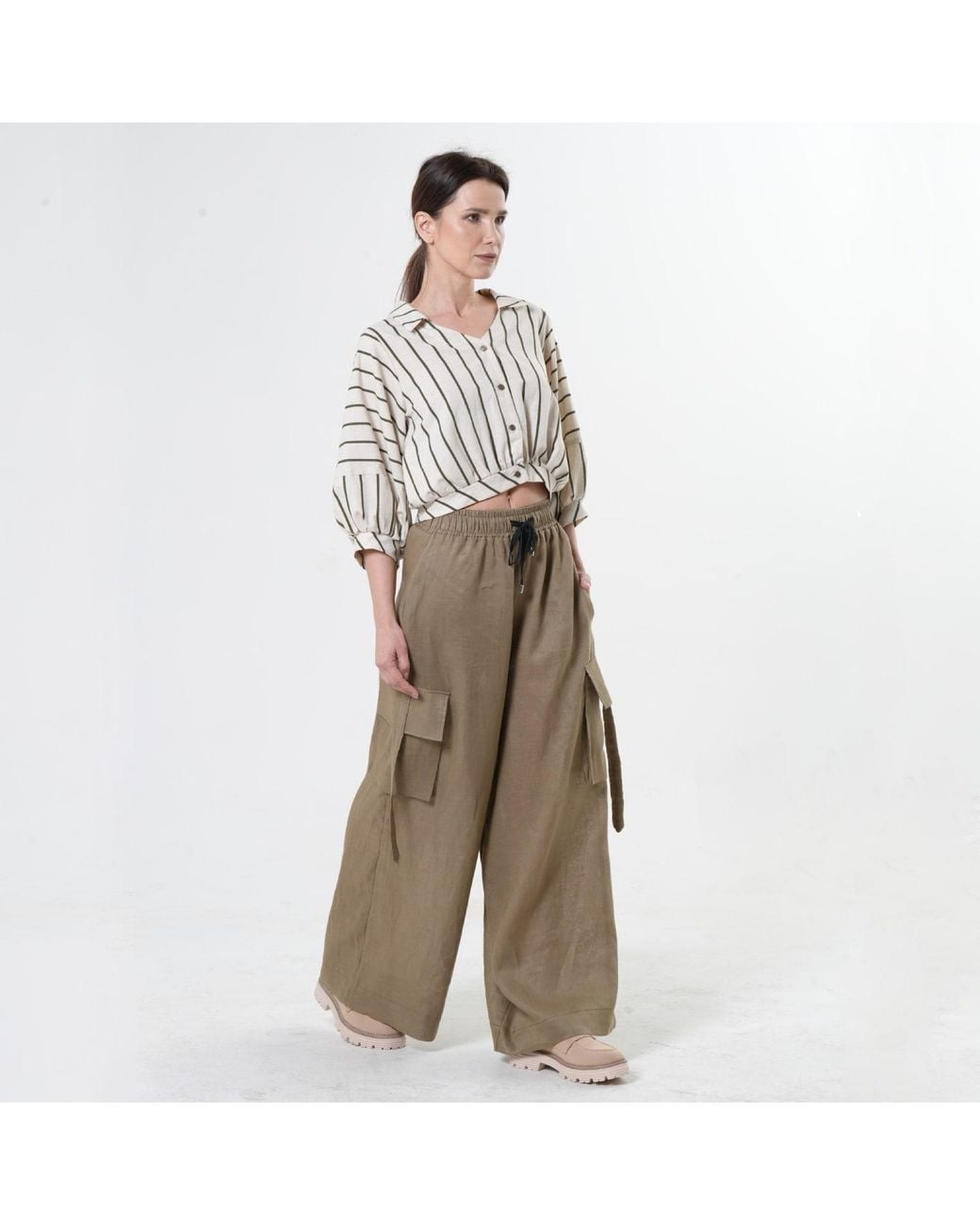 Metamorph Gray Linen Cargo Palazzo Trousers