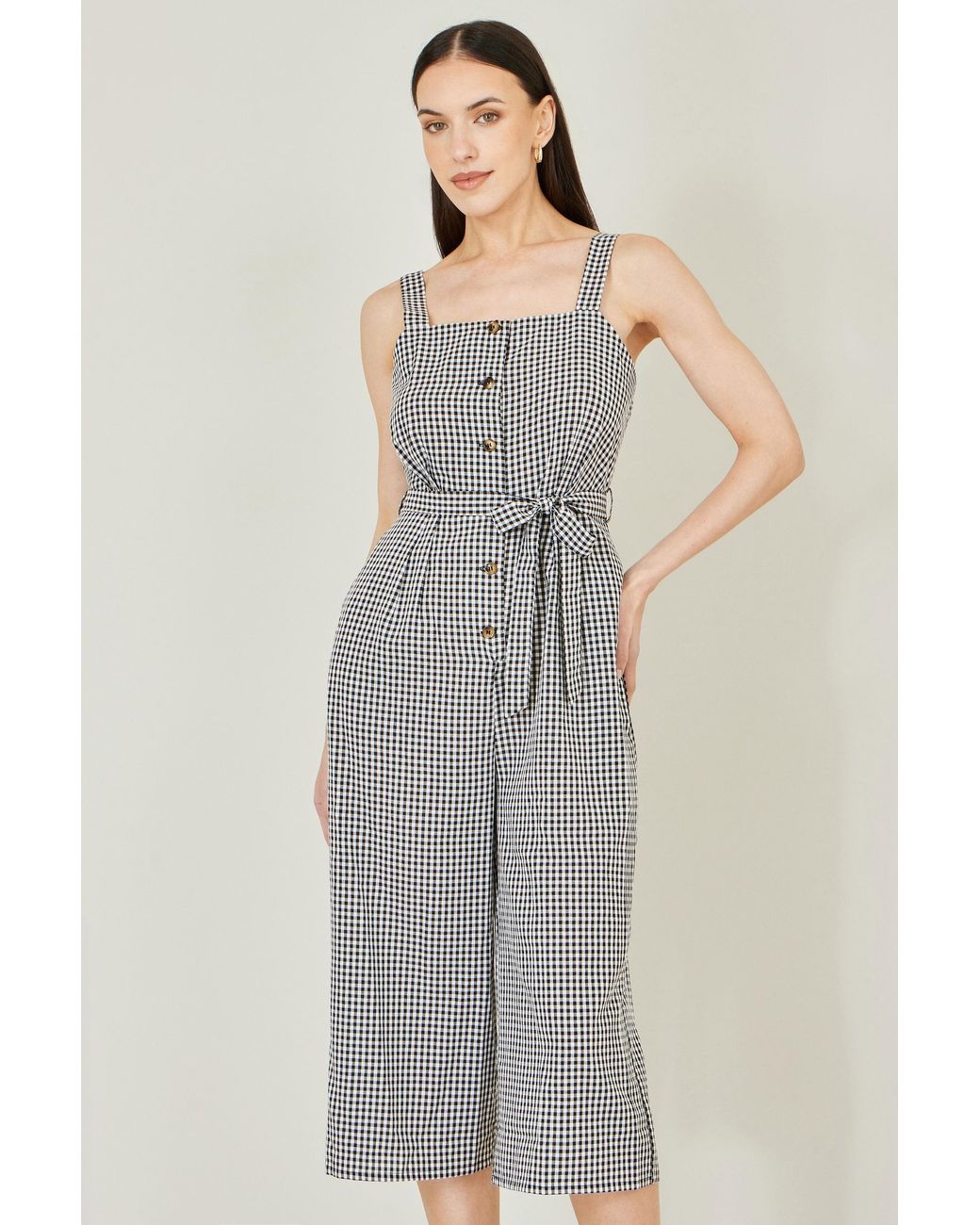 Yumi' Gray Gingham Button Through Jumpsuit