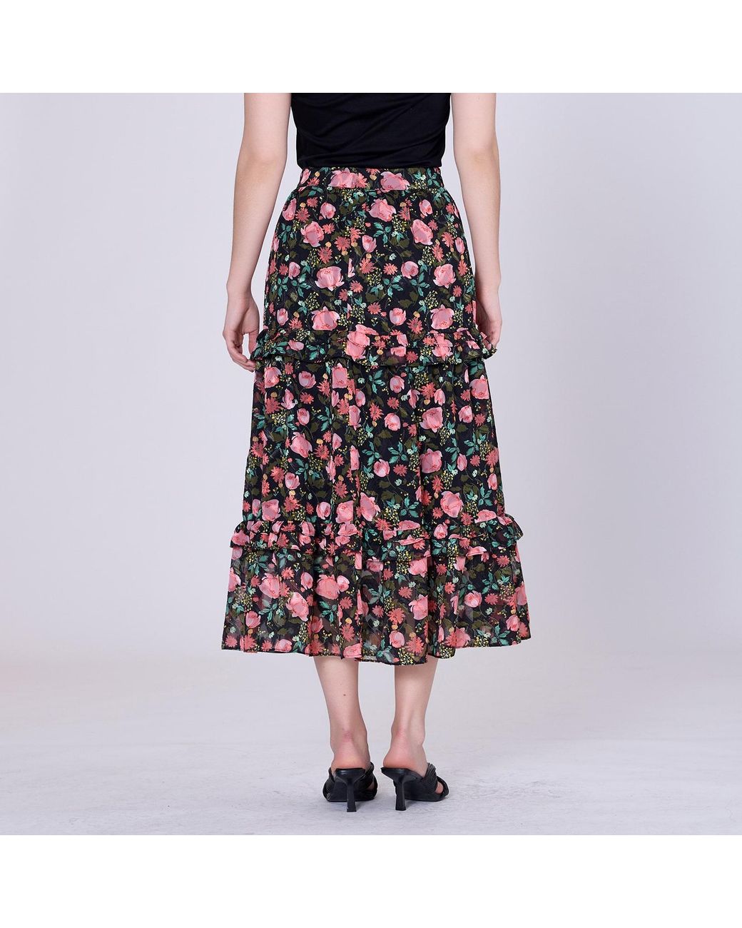 Smart and Joy Black Flower Print Tiered Ruffles Midi Skirt