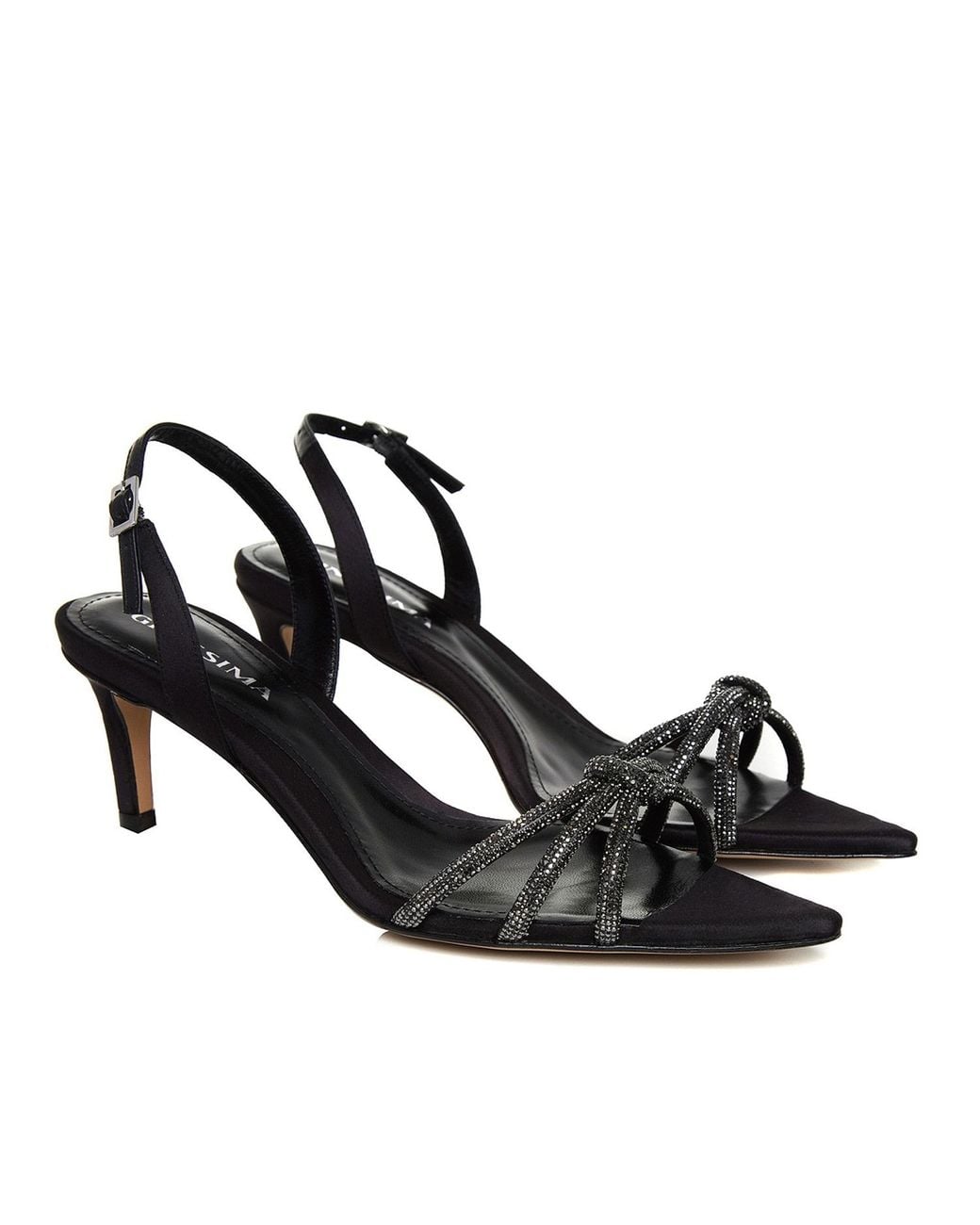 Ginissima Black Daisy Crystals And Satin Sandals Lower Heel