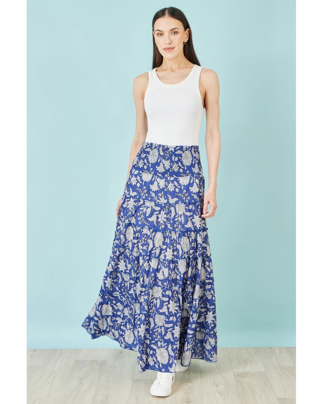 Yumi' Blue Floral Cotton Tiered Maxi Skirt