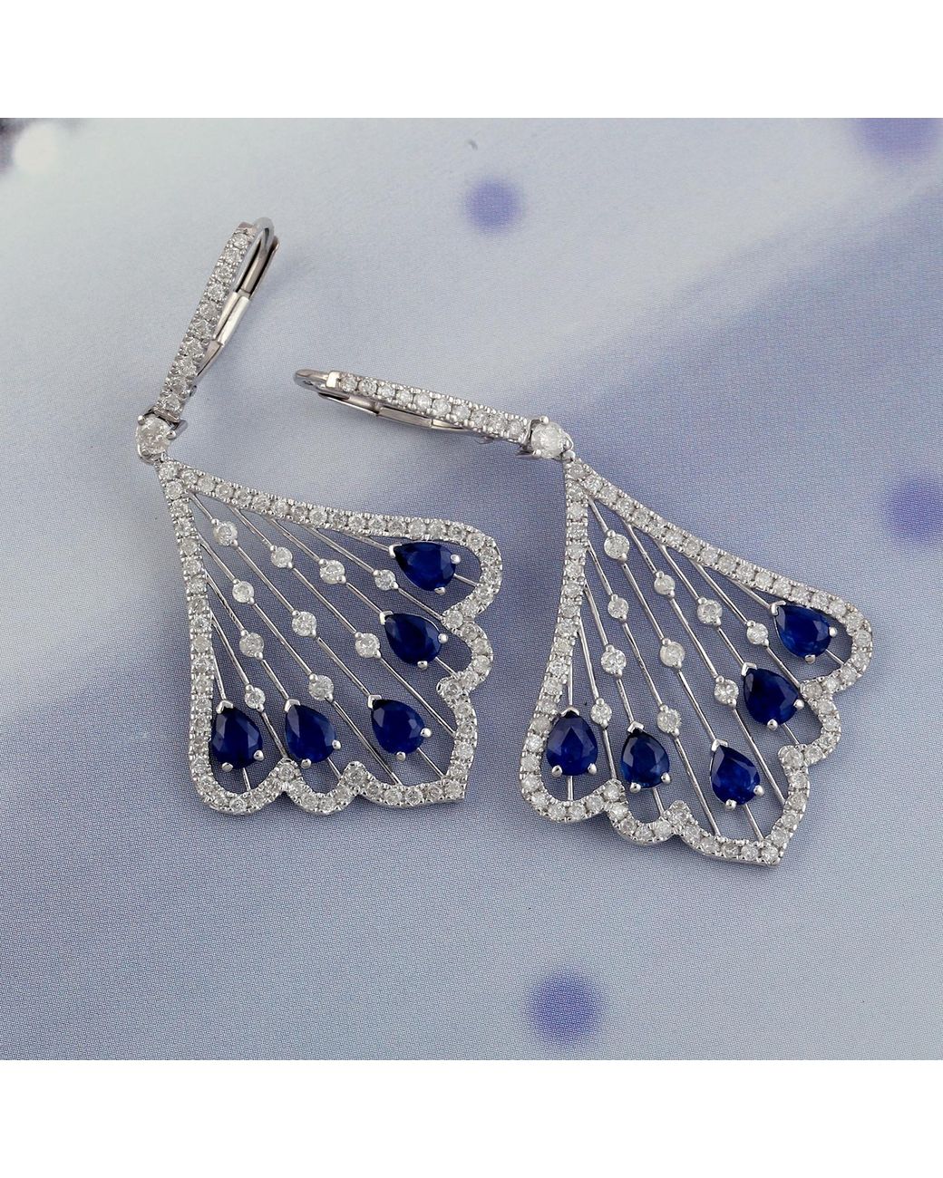 Artisan Handmade 18k White Gold Pave Diamond Blue Sapphire Dangle Earrings Jewelry
