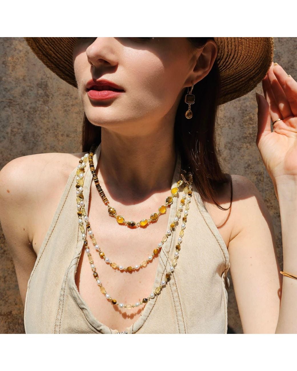 Farra Metallic Tiger-Eye And Citrine With Freshwater Pearls Long Necklace