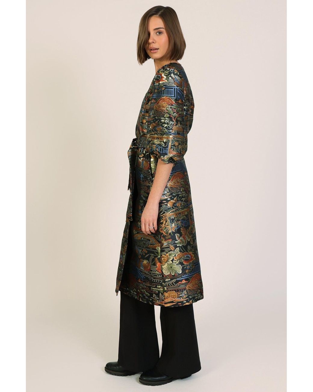 Traffic People Green Farewell Fools Multicolour Embroidered Duster Wrap Coat